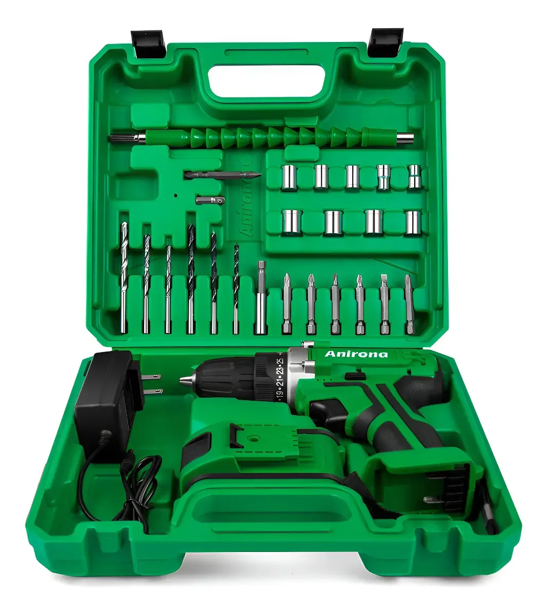 Taladro atornillador inalámbrico de 10mm Anirona AA2015-30 20V + 1 batería de 1.5Ah + accesorios con maletín de transporte Verde